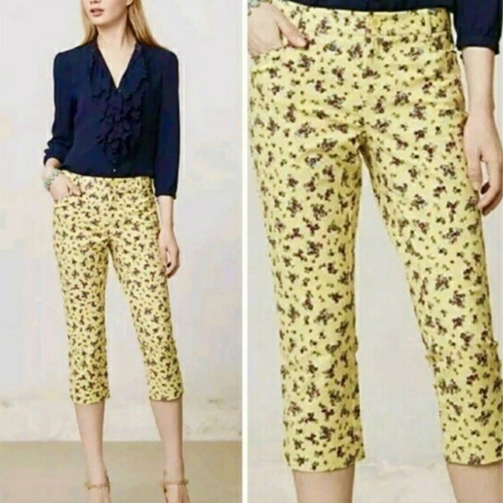 EUC Anthropologie Cartonnier Charlie Crop Pants Capri Yellow Retro Floral Size 0